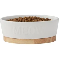 Frisco Oval Meow Non-skid Ceramic Cat Bowl With Wood Base -Mewhaus Shop 256080 PT3. AC SS1800 V1615312053