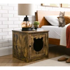 Sweet Barks Enclosed House Side Table Cat Litter Box, Rustic Brown -Mewhaus Shop 354503 PT5. AC SS1800 V1640040755