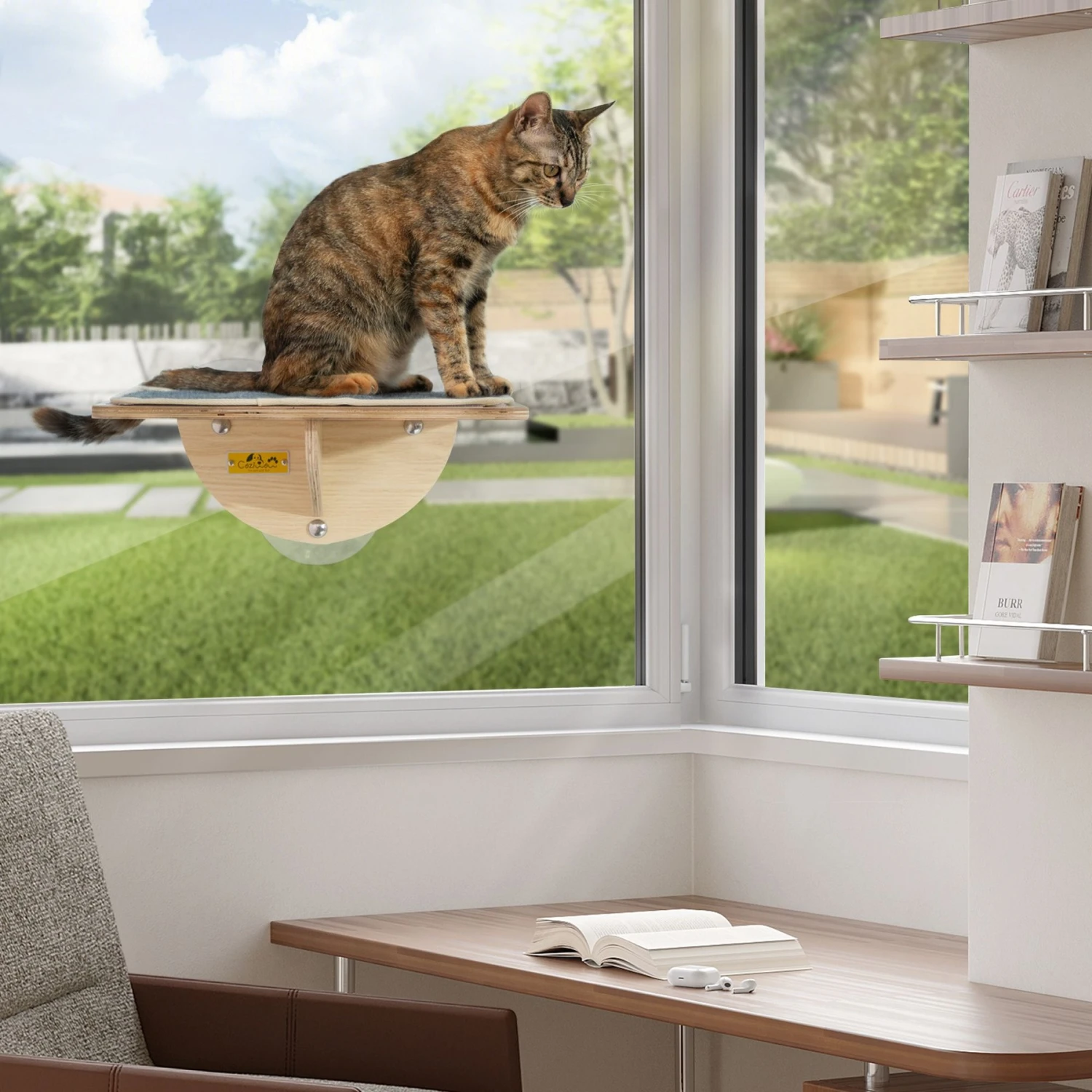 Coziwow Cat Window Perch With Suction Cups, Natural Wood 2 Coziwow Cat Window Perch With Suction Cups, Natural Wood - Image 2