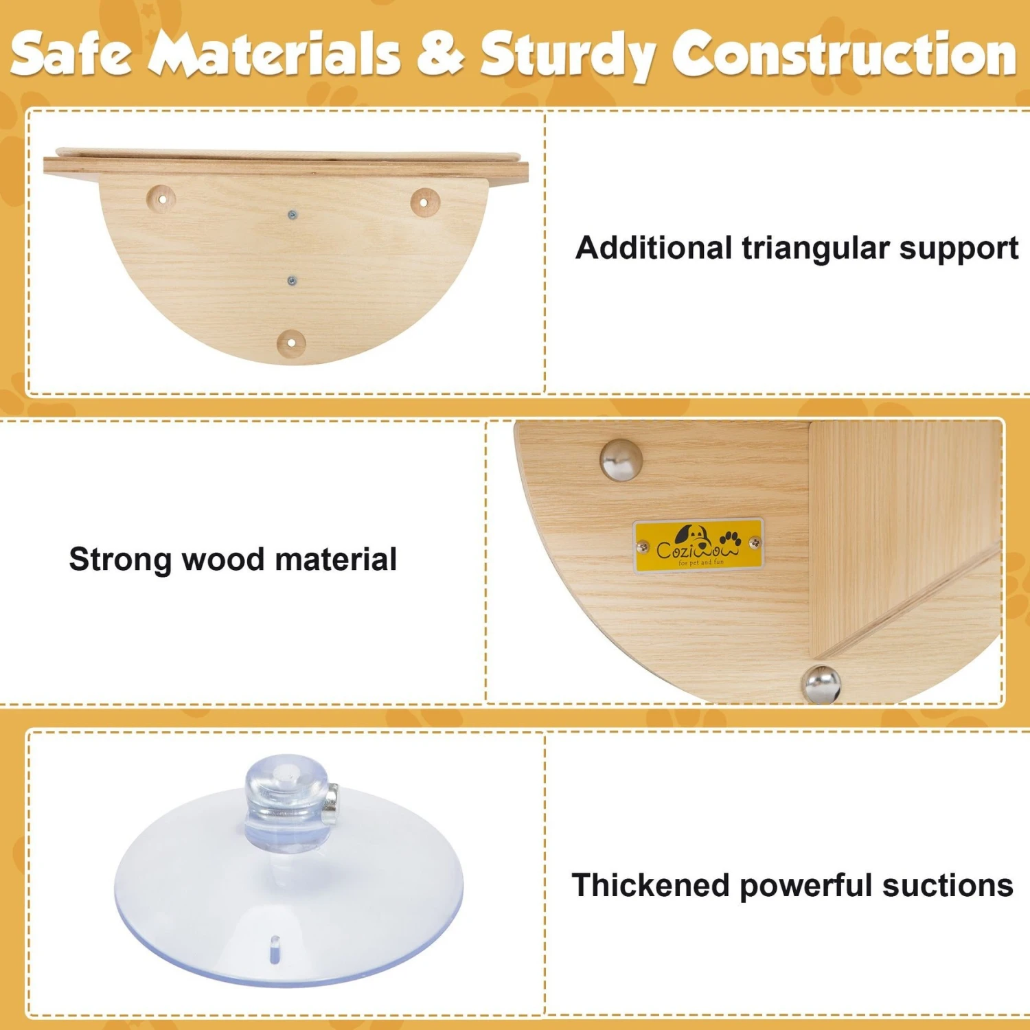 Coziwow Cat Window Perch With Suction Cups, Natural Wood 8 Coziwow Cat Window Perch With Suction Cups, Natural Wood - Image 8