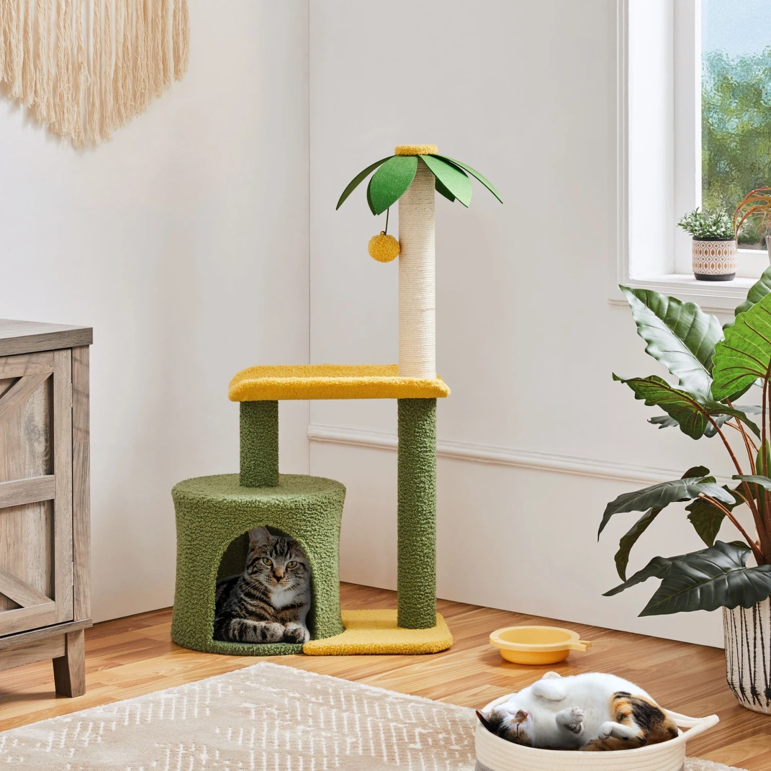 Yaheetech 37-in Coconut Palm Cat Tree, Small, Green & Yellow 1 Yaheetech 37-in Coconut Palm Cat Tree, Small, Green & Yellow