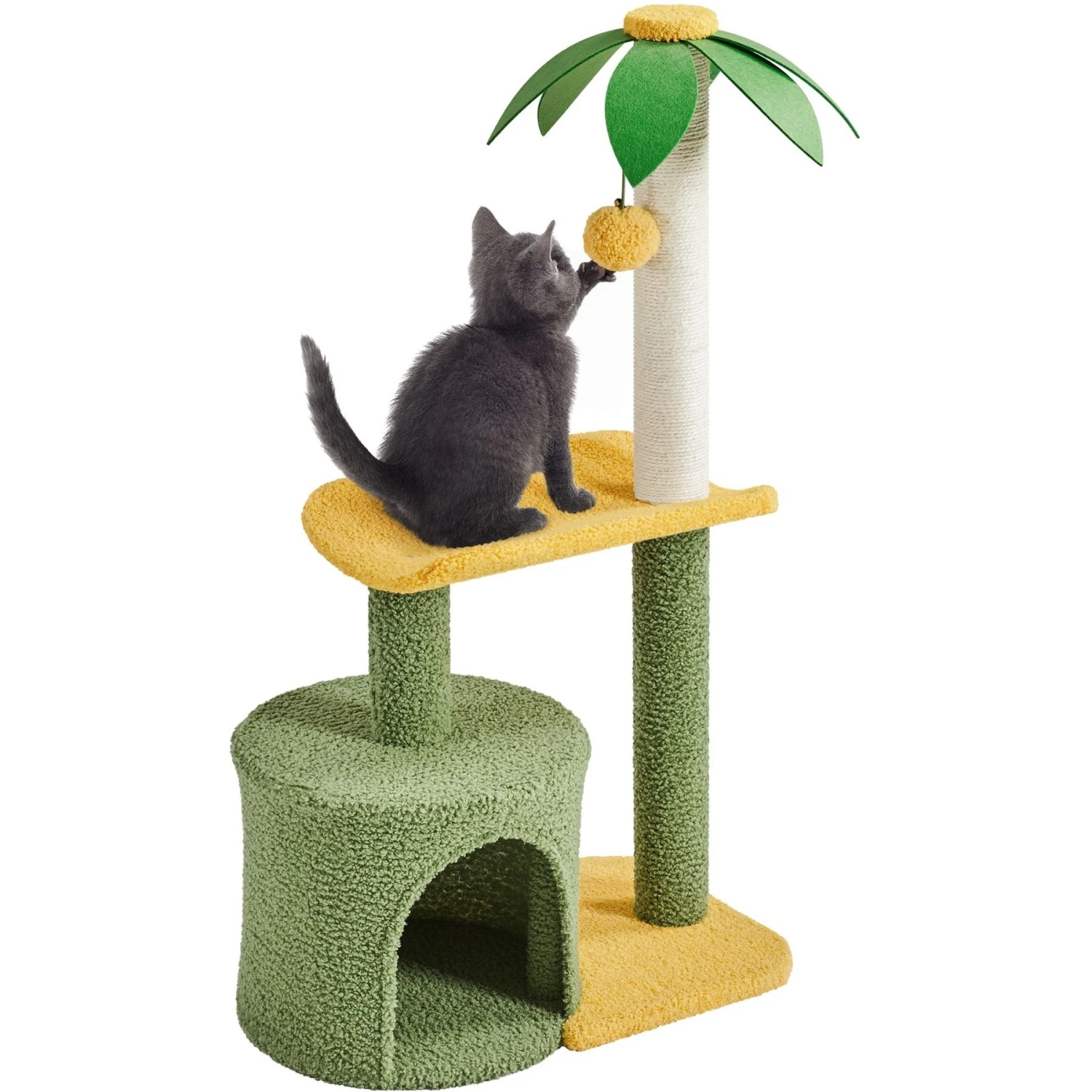 Yaheetech 37-in Coconut Palm Cat Tree, Small, Green & Yellow 2 Yaheetech 37-in Coconut Palm Cat Tree, Small, Green & Yellow - Image 2