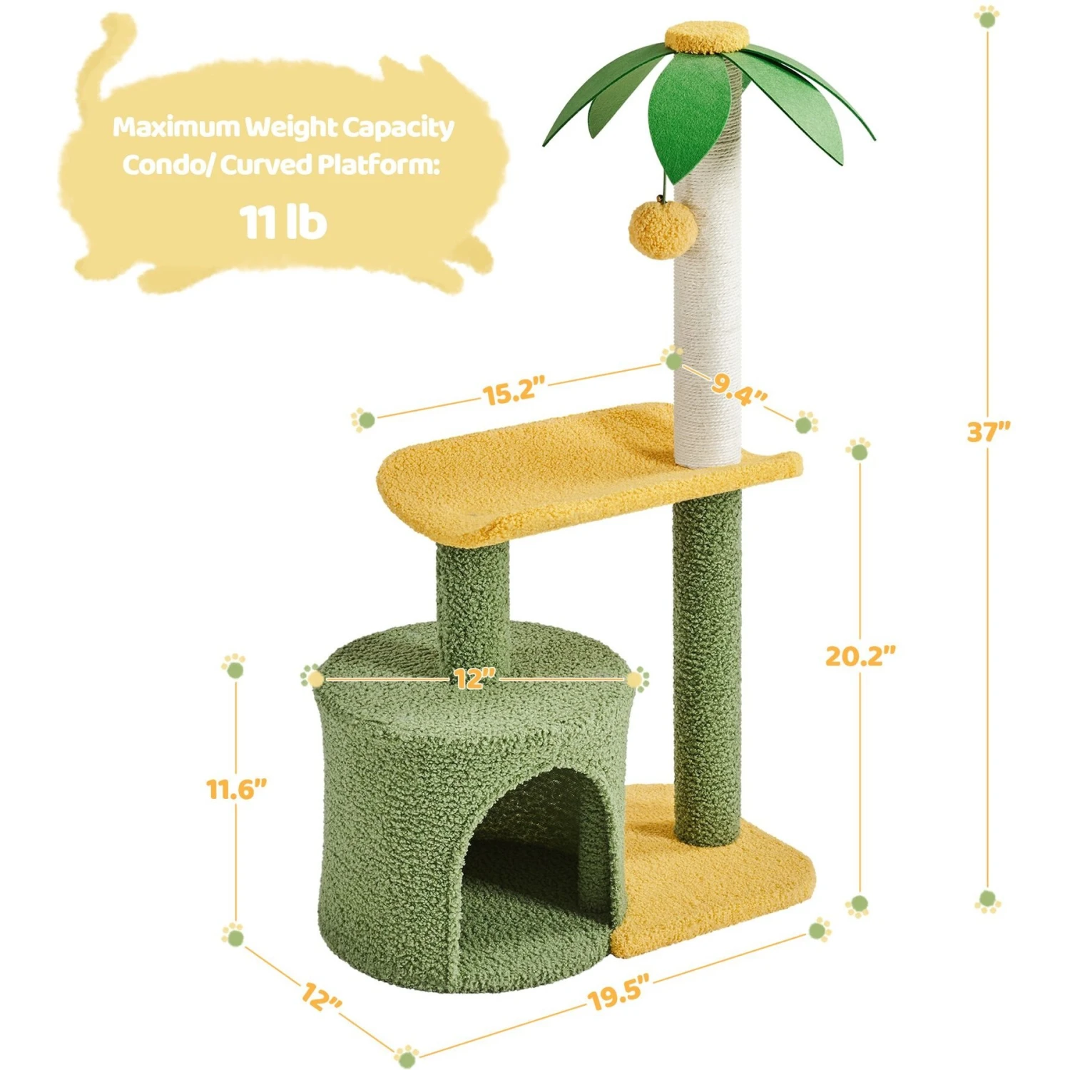 Yaheetech 37-in Coconut Palm Cat Tree, Small, Green & Yellow 4 Yaheetech 37-in Coconut Palm Cat Tree, Small, Green & Yellow - Image 4