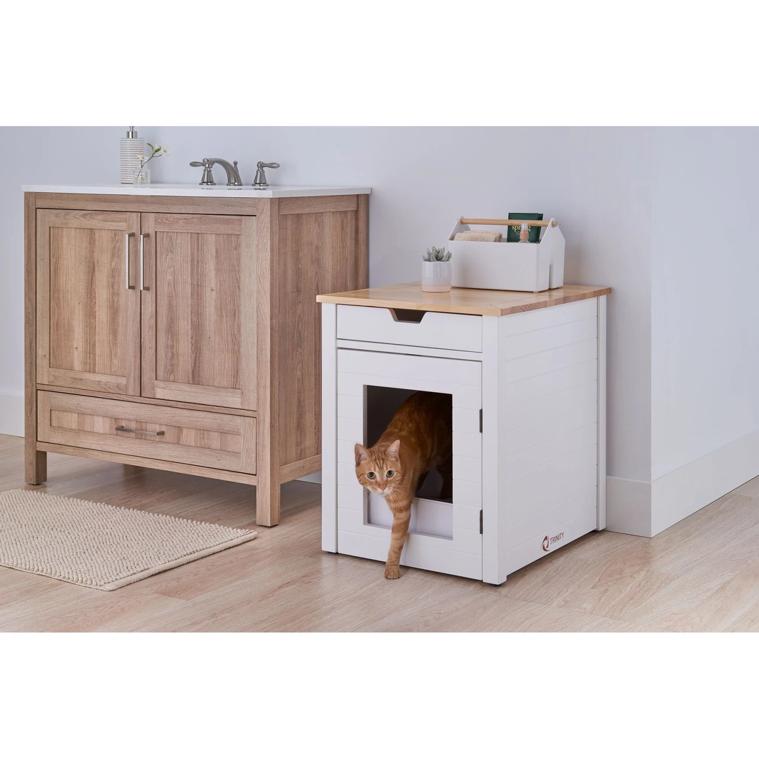 TRINITY 20-in Enclosure End Table With Drawer Cat Litter Box, White, Small 1 TRINITY 20-in Enclosure End Table With Drawer Cat Litter Box, White, Small