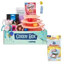 Goody Box Birthday Cat Toys, Treats & Collar & PetCakes Turkey Flavor Microwavable Birthday Cake Mix Kit With Fish Shaped Pan Cat Treats, 5-oz Bag