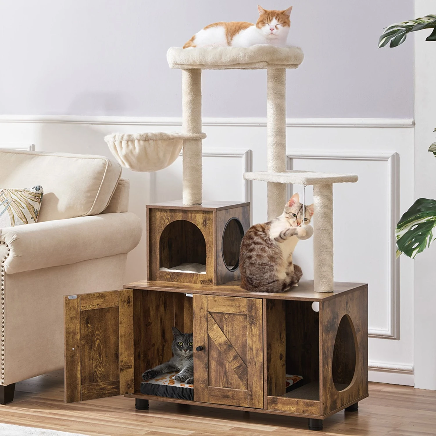 Yaheetech Cat Litter Box Enclosure Cat Tree & Condo, Rustic Brown & Beige 1 Yaheetech Cat Litter Box Enclosure Cat Tree & Condo, Rustic Brown & Beige