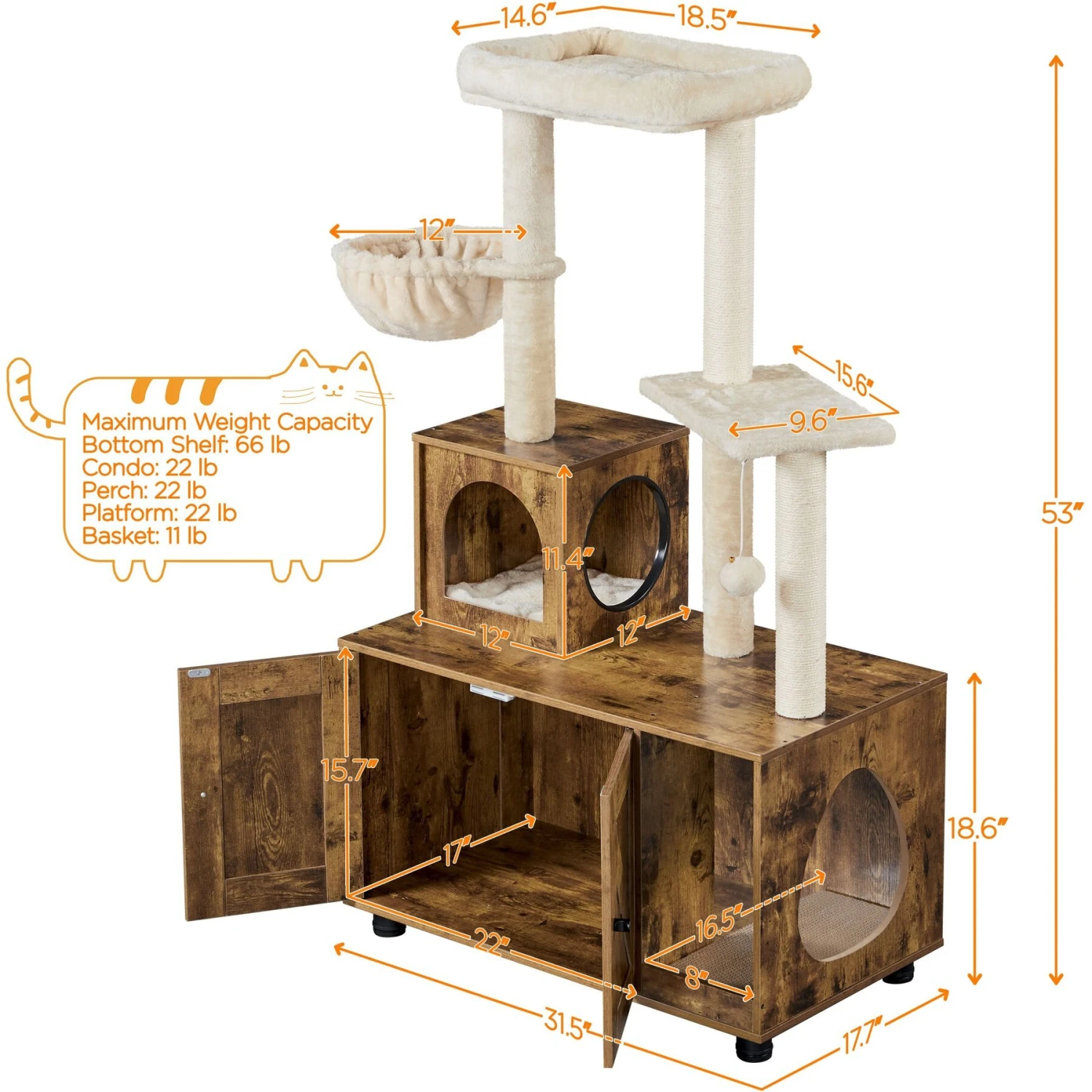 Yaheetech Cat Litter Box Enclosure Cat Tree & Condo, Rustic Brown & Beige 3 Yaheetech Cat Litter Box Enclosure Cat Tree & Condo, Rustic Brown & Beige - Image 3