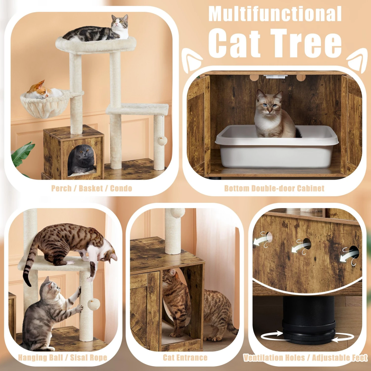 Yaheetech Cat Litter Box Enclosure Cat Tree & Condo, Rustic Brown & Beige 4 Yaheetech Cat Litter Box Enclosure Cat Tree & Condo, Rustic Brown & Beige - Image 4