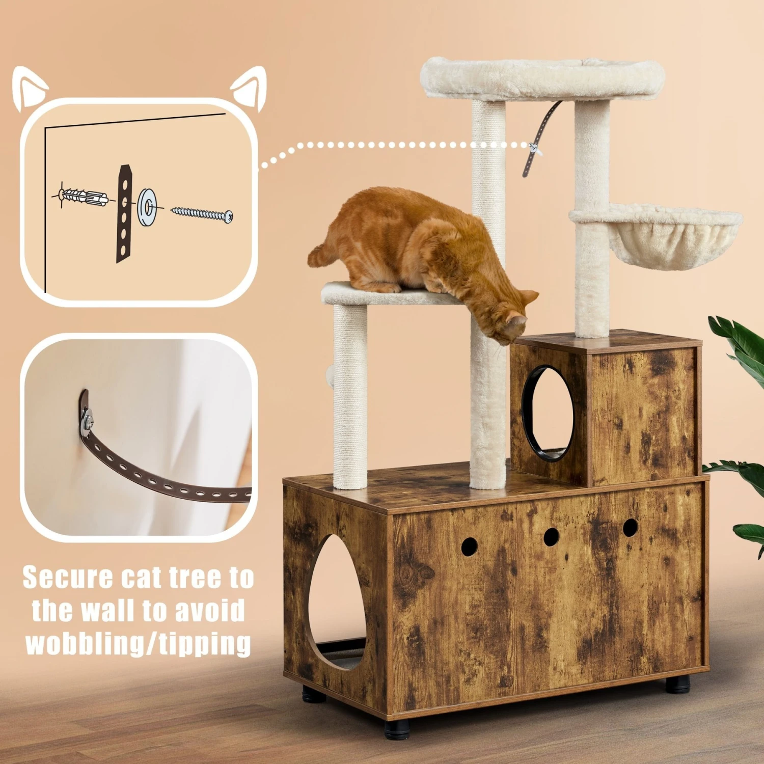 Yaheetech Cat Litter Box Enclosure Cat Tree & Condo, Rustic Brown & Beige 6 Yaheetech Cat Litter Box Enclosure Cat Tree & Condo, Rustic Brown & Beige - Image 6